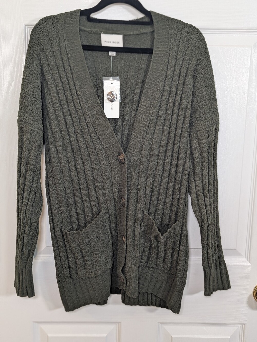Pink Rose NWT L English Olive Chenille Ribbed Button Cardigan Sweater Pockets